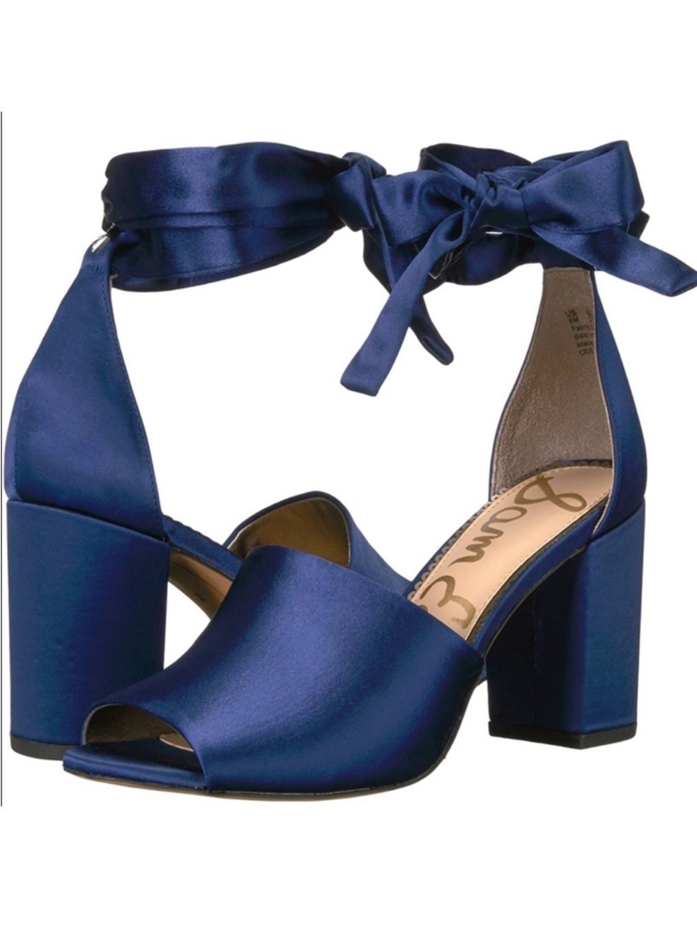 Sam Edelman Navy Blue Satin Block Heel Peep-Toe Sandals with Ankle Ties